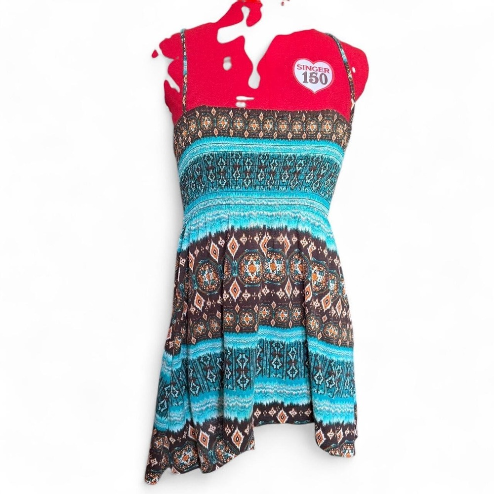 Weavers Y2K Sharkbite Hem Smocked Top Blue Brown Boho Fairycore Medium